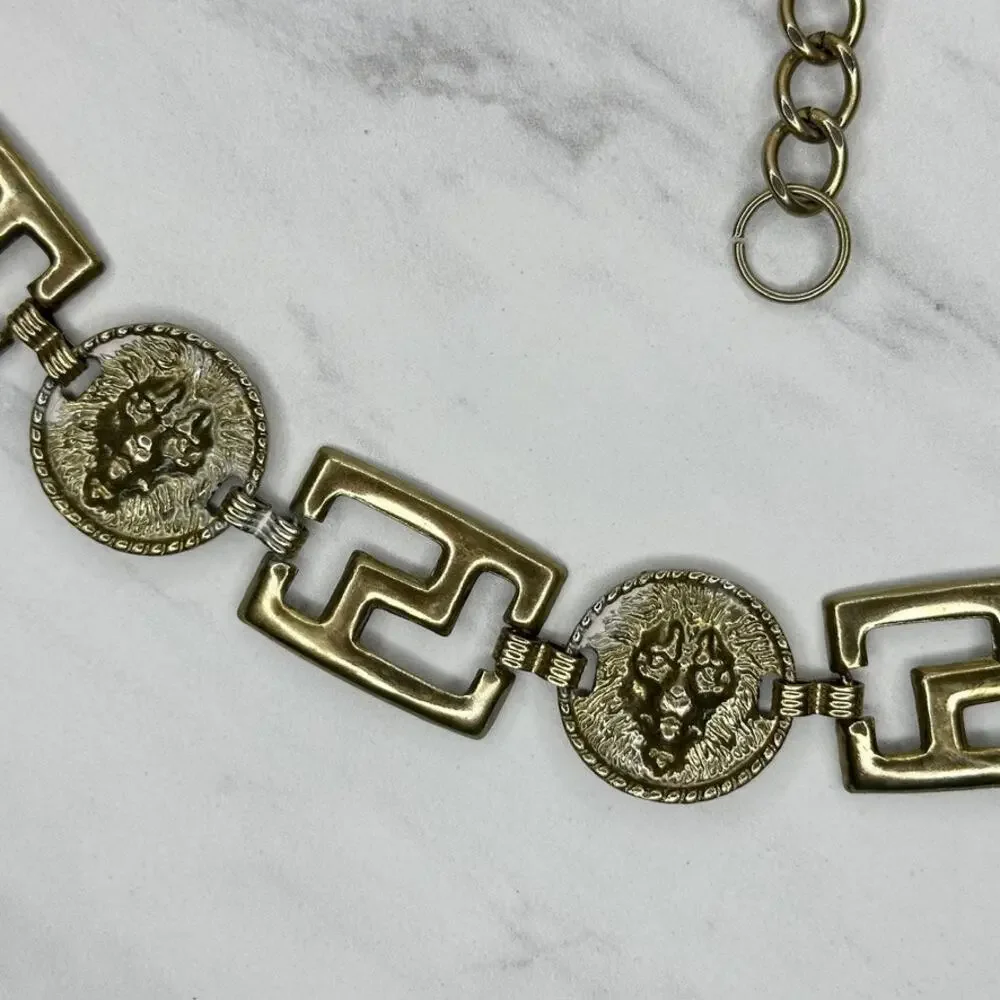 Vintage Gold Lion Head Greek Key Medallion Chain Link Belt Small/Medium (S/M) ✨